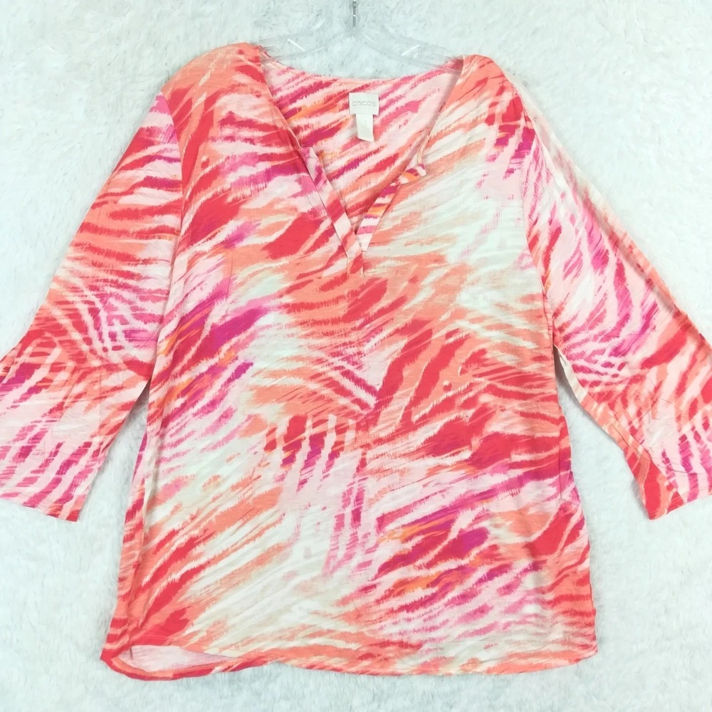Chico's Womens Top Blouse V‎ Neck Pink Orange Animal Print 3/4 Sleeve 3 XL